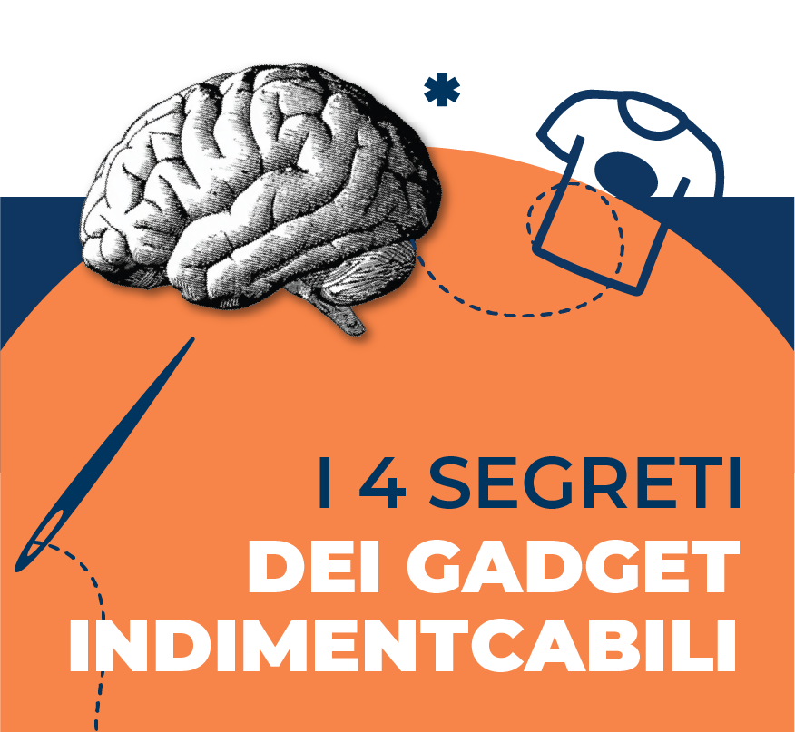 I 4 segreti dei gadget indimenticabili con una grafica con un cervello illustrato in bianco e nero e una grafica vettoriale blu e arancione